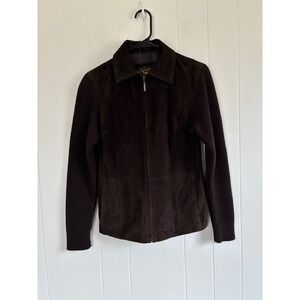 Fabio Womens Brown Suede Leather Ribbed Knit Sleeve Full Zip Jacket Small